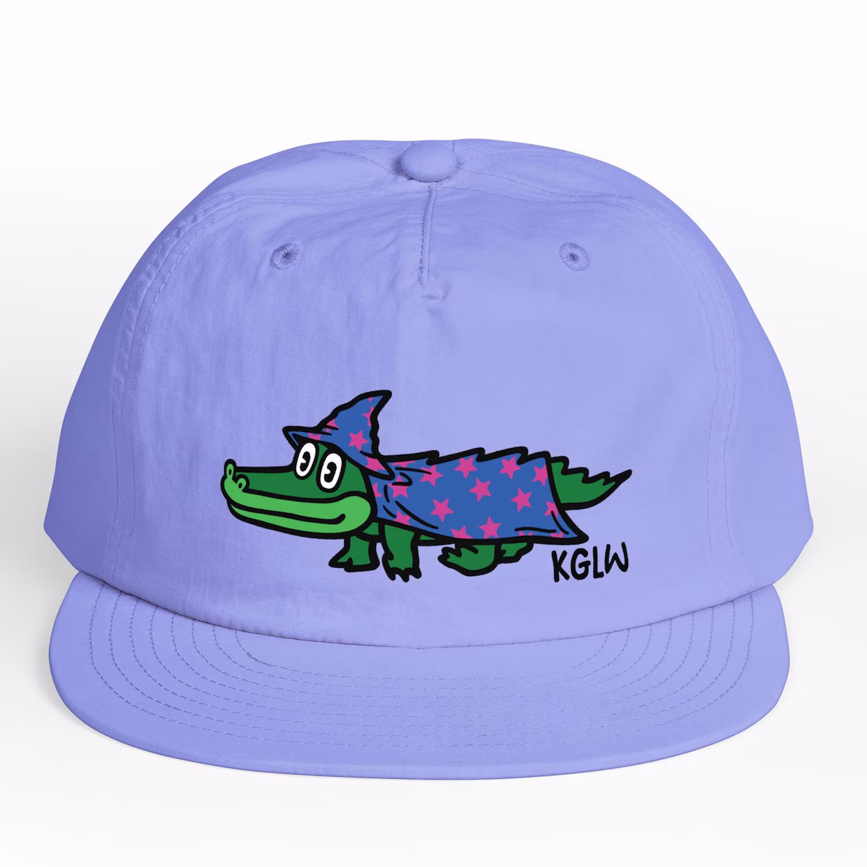 A light purple surf cap decorated with the King Gizzard and the Lizard Wizard Mystical Gator Guy and the letters KGLW 